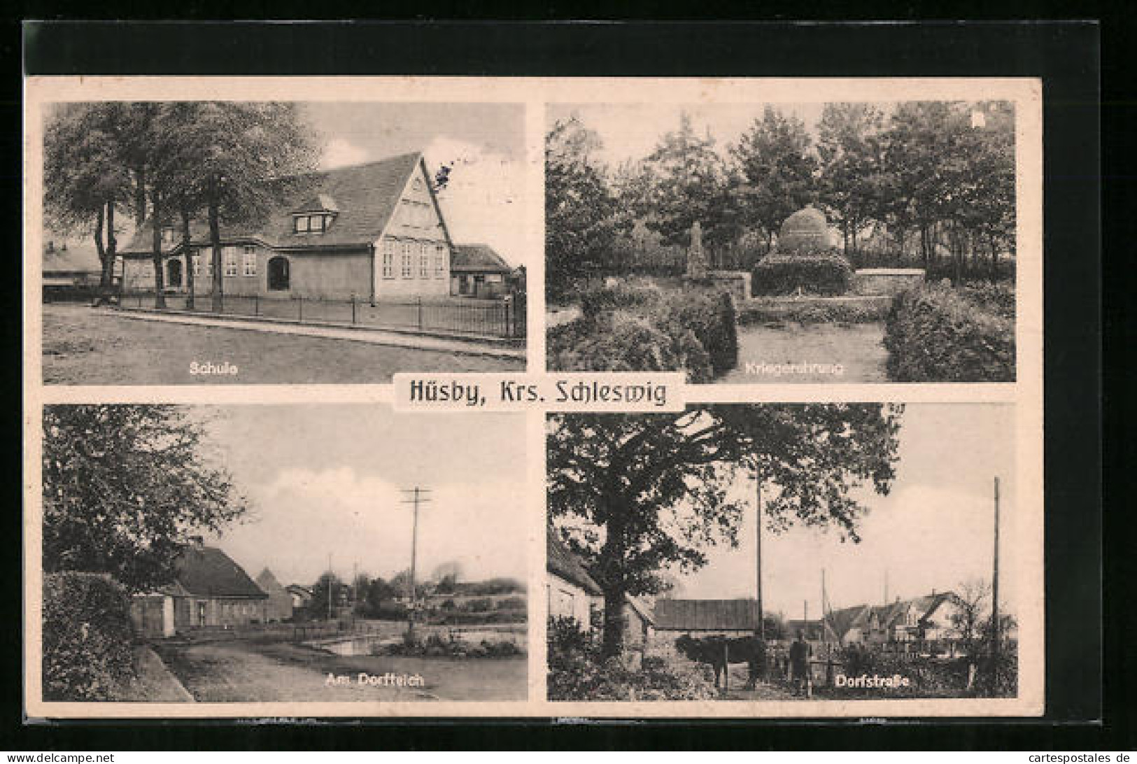AK Hüsby /Schleswig, Schule, Kriegerehrung, Am Dorfteich, Dorfstrasse  - Schleswig