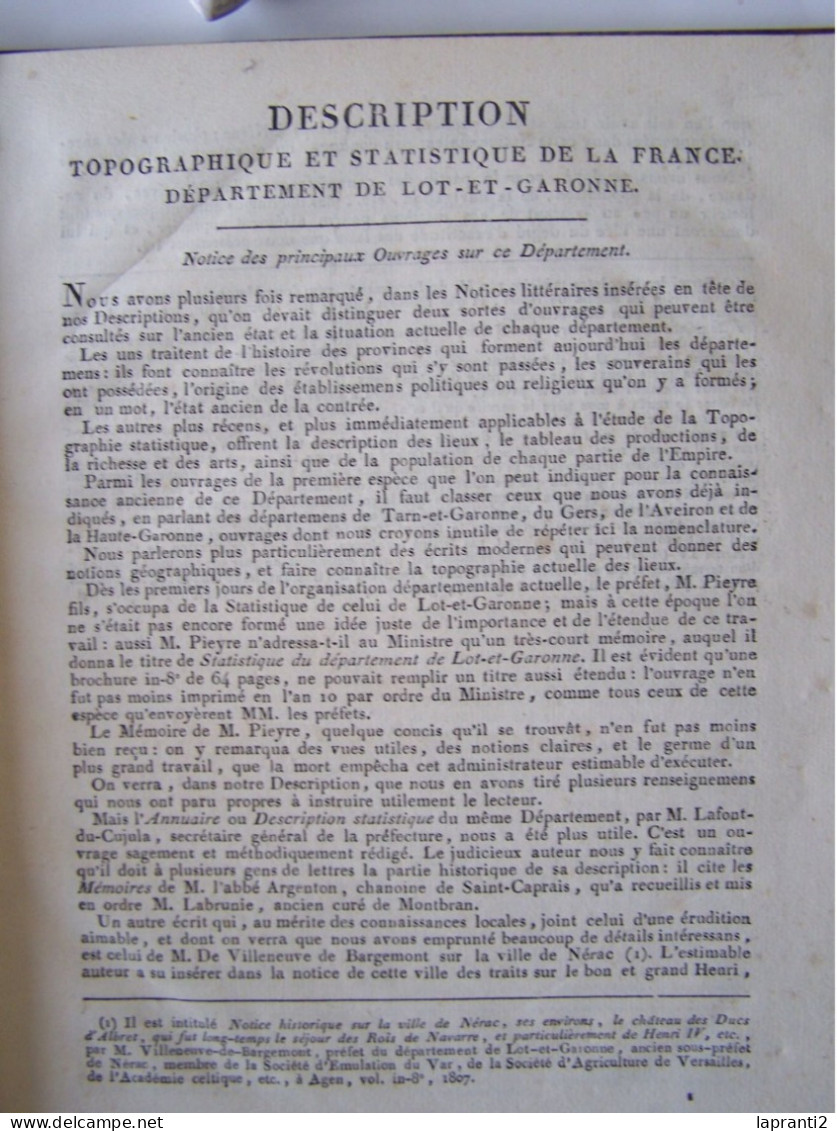 LE DEPARTEMENT DU LOT ET GARONNE. DESCRIPTION TOPOGRAPHIQUE ET STATISTIQUE DU DEPARTEMENT. - Aquitaine