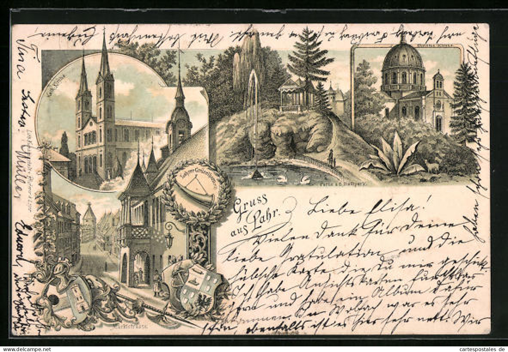 Lithographie Lahr, Katholische Kirche, Christus-Kirche, Partie A. D. Stadtpark  - Lahr