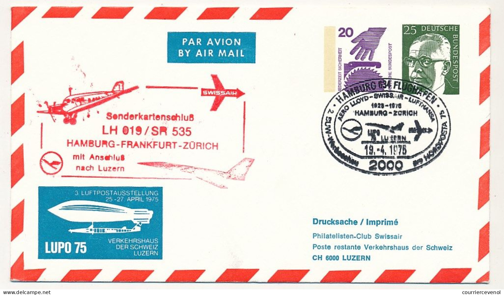 RFA - "Lupo 75", Liaison Aérienne LH 019 / SR 535 Hambourg, Franckfort, Zürich 19/4/1975 - Covers - Used