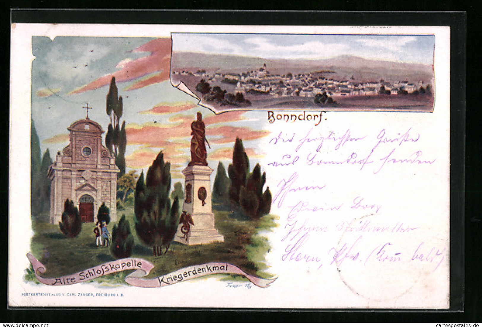 Lithographie Bonndorf, Alte Schlosskapelle Und Kriegerdenkmal, Totalansicht  - Bonndorf