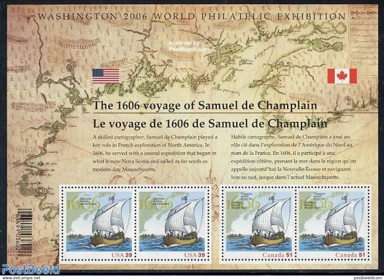 Canada 2006 Samuel De Champlain S/s (joint & Same Issue USA), Mint NH, History - Transport - Various - Explorers - Shi.. - Nuevos