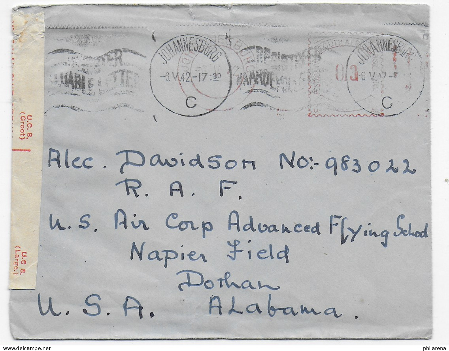 Brief Aus Johannesburg, 1942 Nach USA - Dorhan AL, Censor - Other & Unclassified