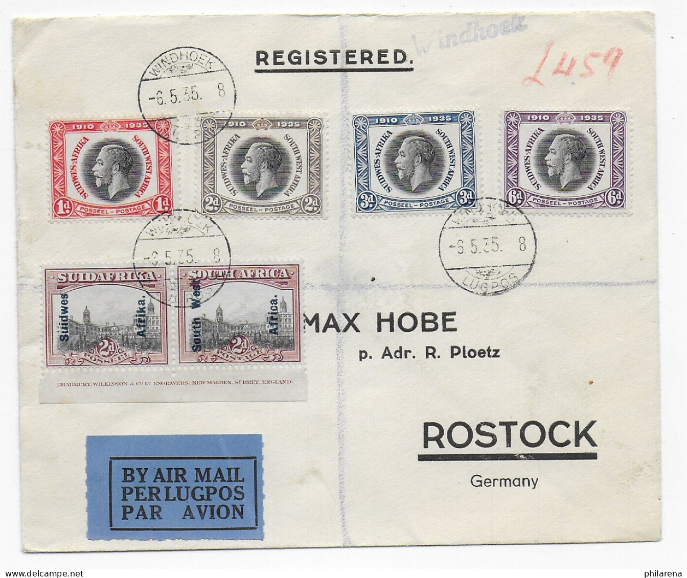 Einschreiben Air Mail Windhoek Nach Rostock, 1935 - Otros & Sin Clasificación