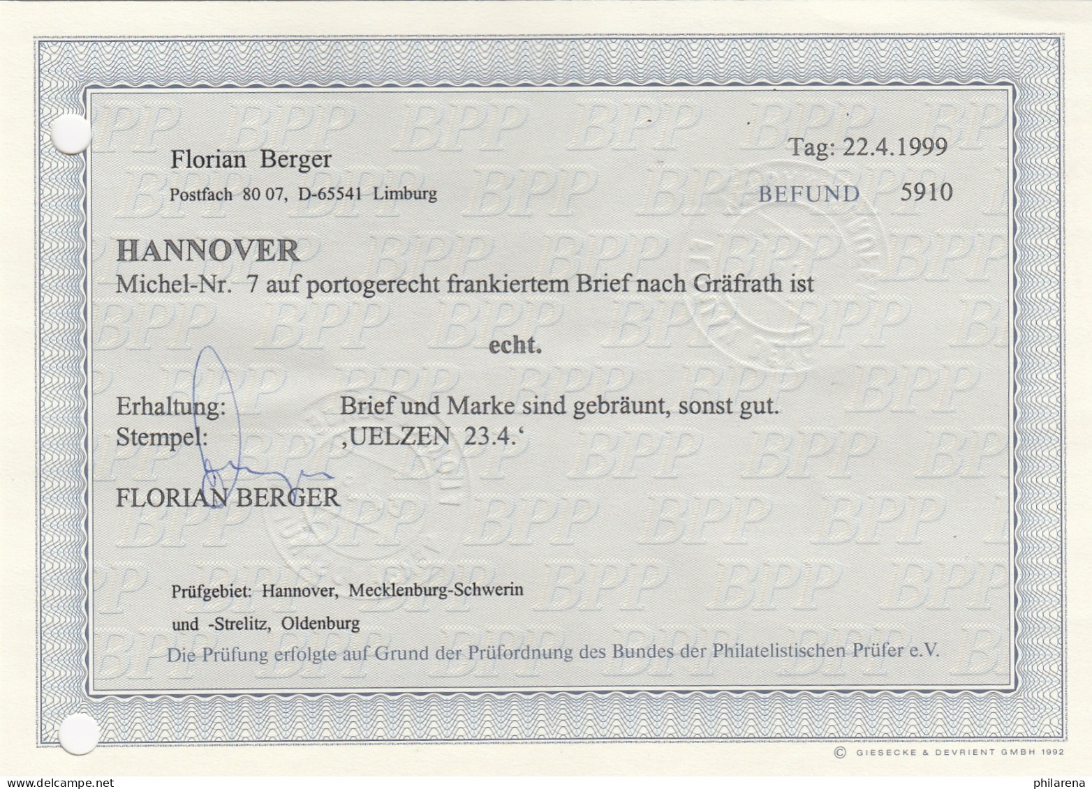 Hannover: MiNr. 7 Auf Portogerechtem Brief Uelzen Nach Gräfrath, BPP Befund - Hanover