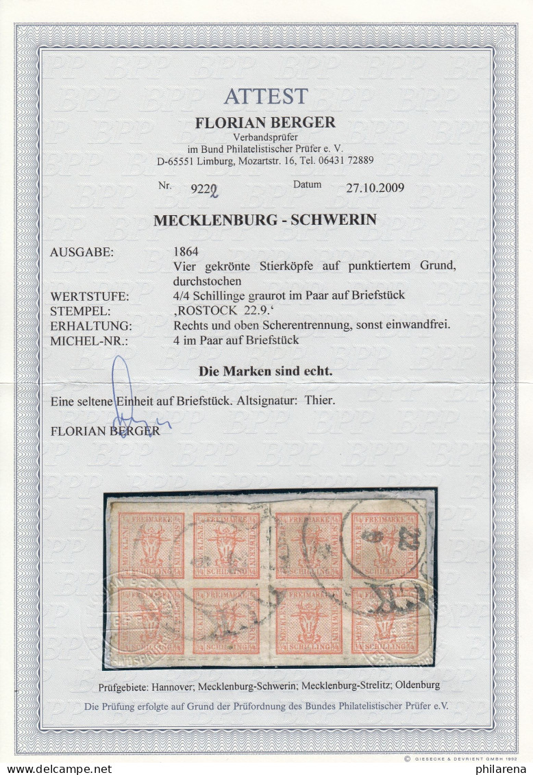Mecklenburg-Schwerin: MiNr. 4 Im Paar Auf Briefstück, Gestempelt, BPP Attest - Mecklenbourg-Schwerin