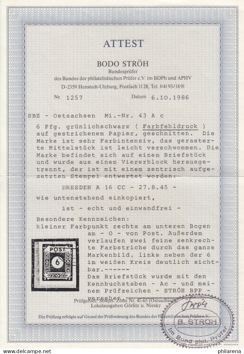 SBZ: MiNr. 43 A C, Gestempelt Dresden, Farbfehldruck, Briefstück, BPP Attest - Usados
