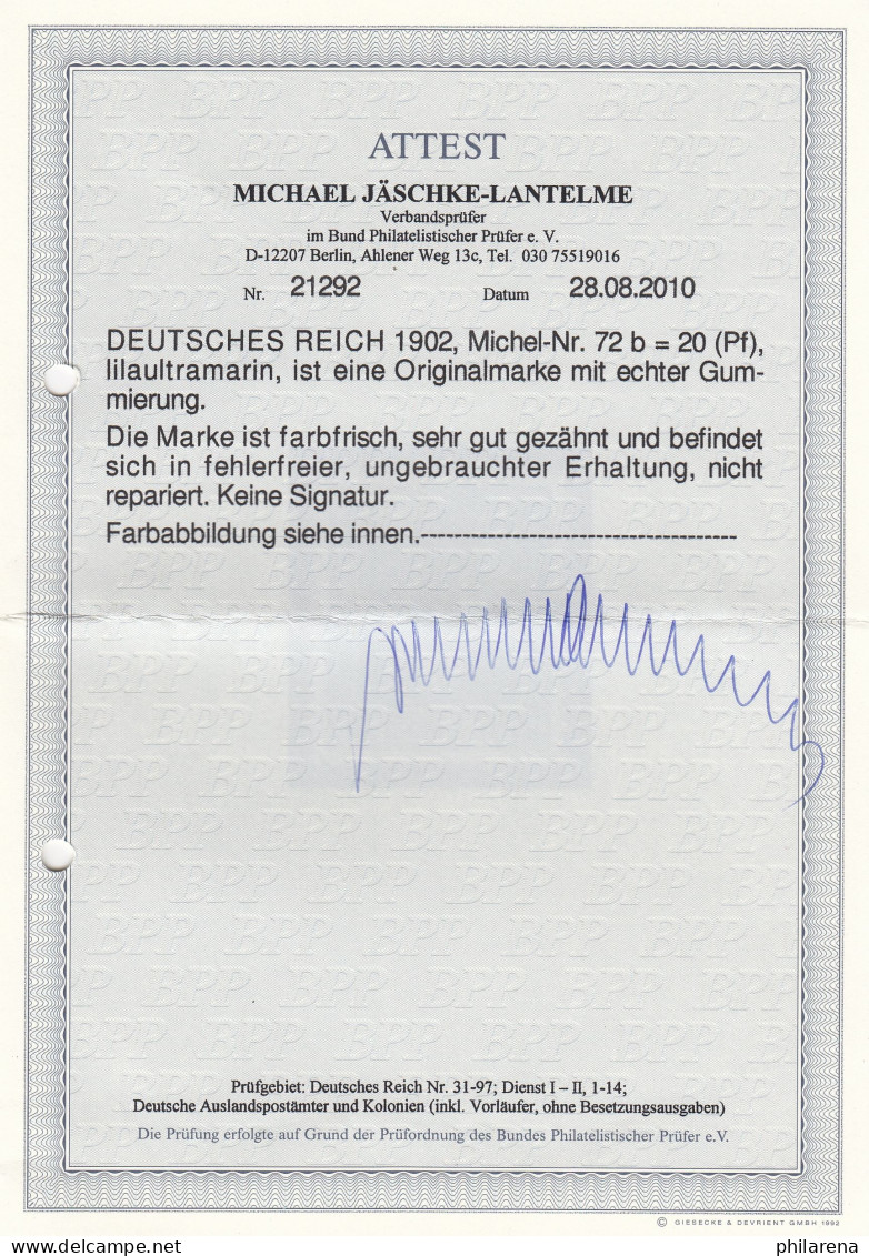 Deutsches Reich 1902: MiNr. 72b, Originales Gummi, *,  BPP Attest - Unused Stamps