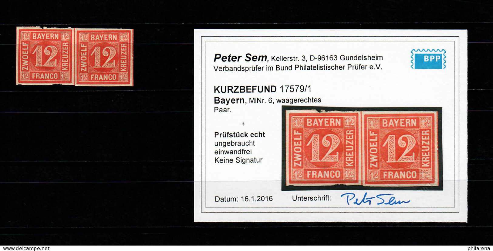 Bayern MiNr. 6, Ungebraucht, *, BPP Befund, Einwandfrei Im Waagr. Paar - Mint