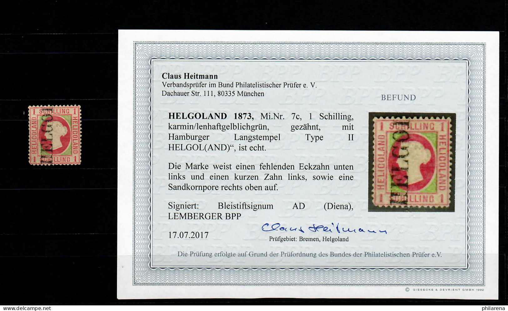 Helgoland MiNr. 7c, Type II, Gestempelt, BPP Befund - Helgoland