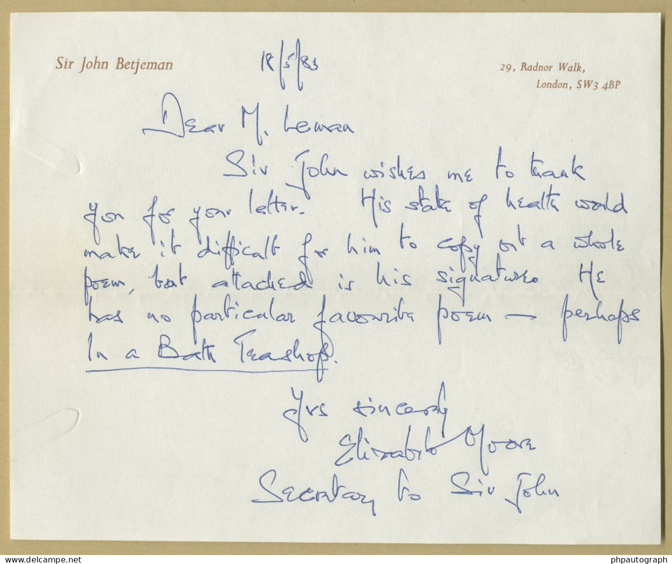 John Betjeman (1906-1984) - English Poet - Rare Signed Sticker + Photo - 1983 - Writers