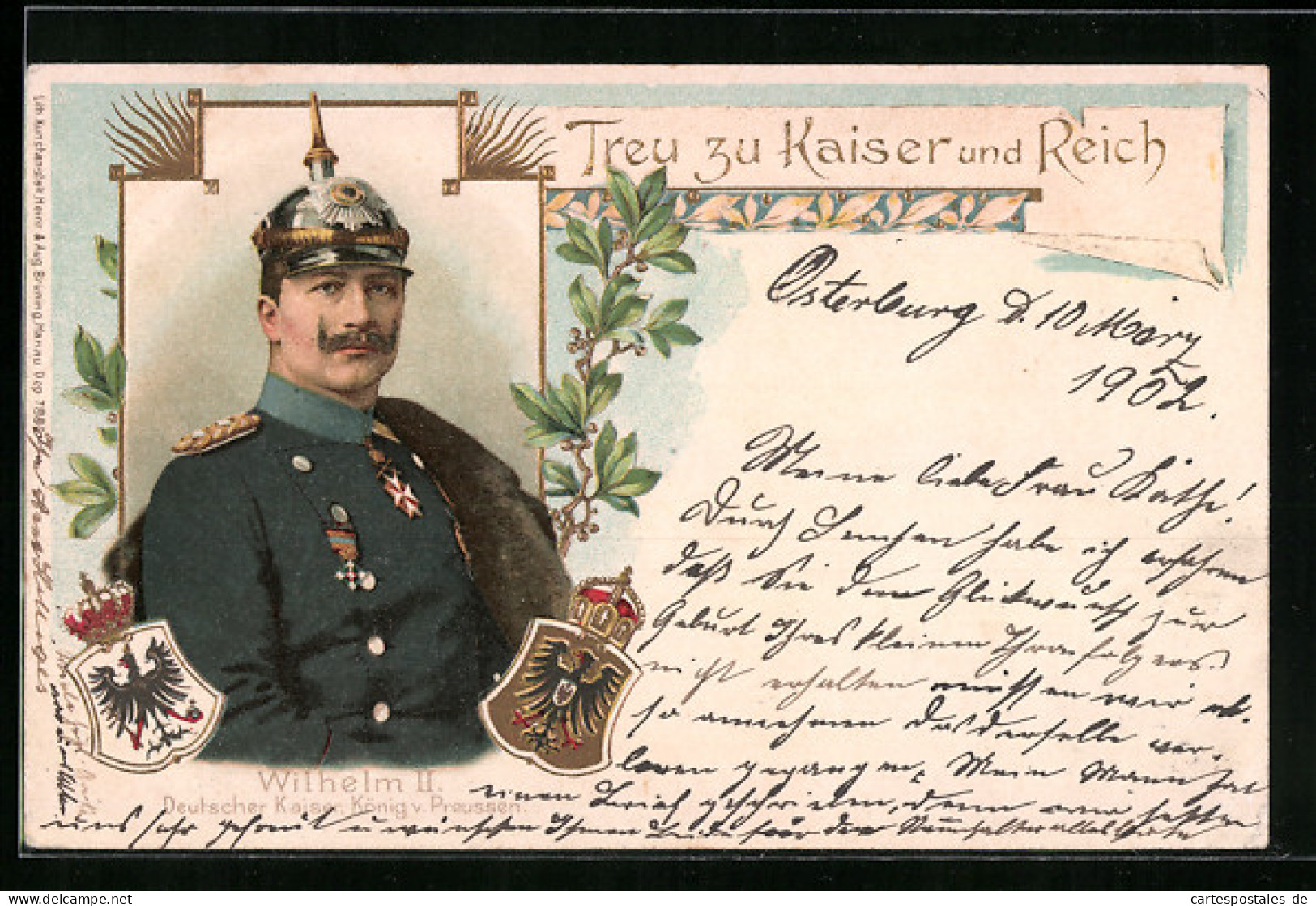 Lithographie Kaiser Wilhelm II. Mit Pickelhaube, Wappen  - Königshäuser