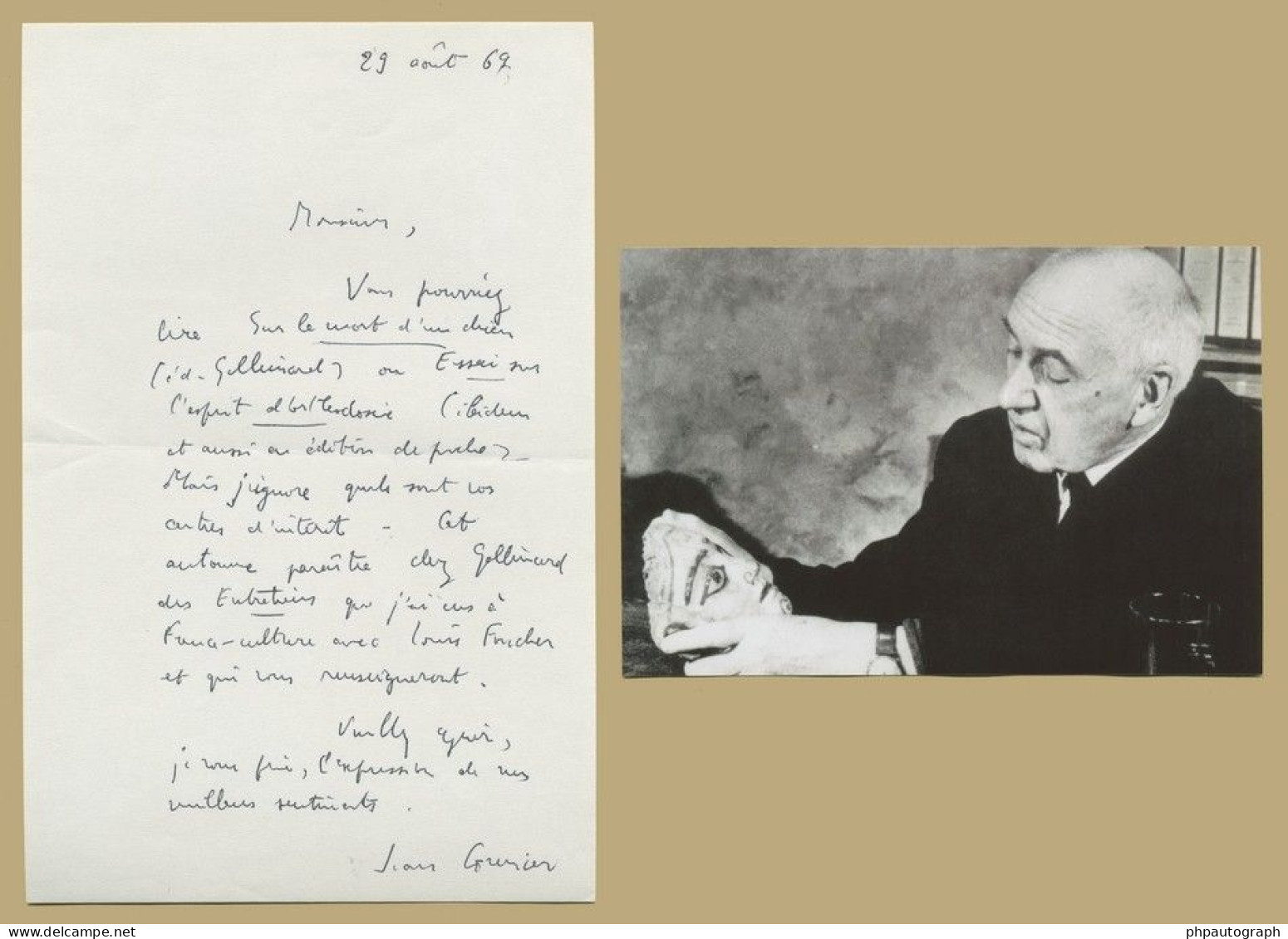 Jean Grenier (1898-1971) - Philosophe - Lettre Autographe Signée + Photo - 1969 - Ecrivains