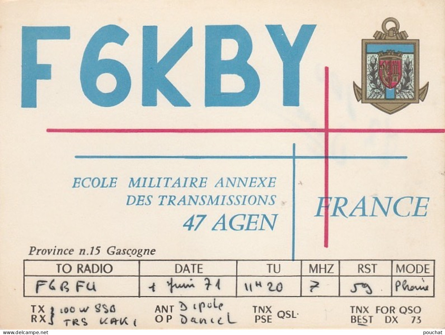 47) AGEN - CARTE RADIO QSL - F 5 K Z - ECOLE MILITAIRE ANNEXE DES TRANSMISSION - CERCLE SOUS OFFICIERS - Radio Amatoriale