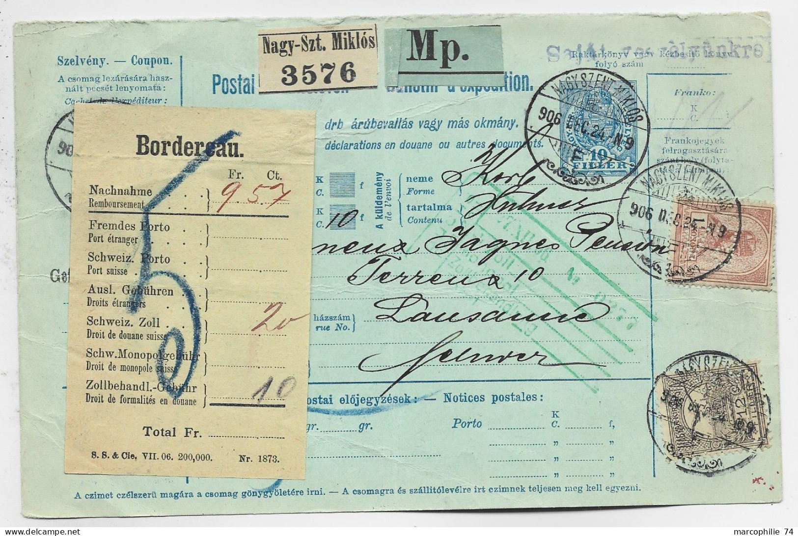 HUNGARY MAGYAR HONGRIE ENTIER BULLETIN EXPEDITION + 12F+1K PERFORE PERFIN P.A NAGY SZT MIKLOS 1913 TO SUISSE - Briefe U. Dokumente