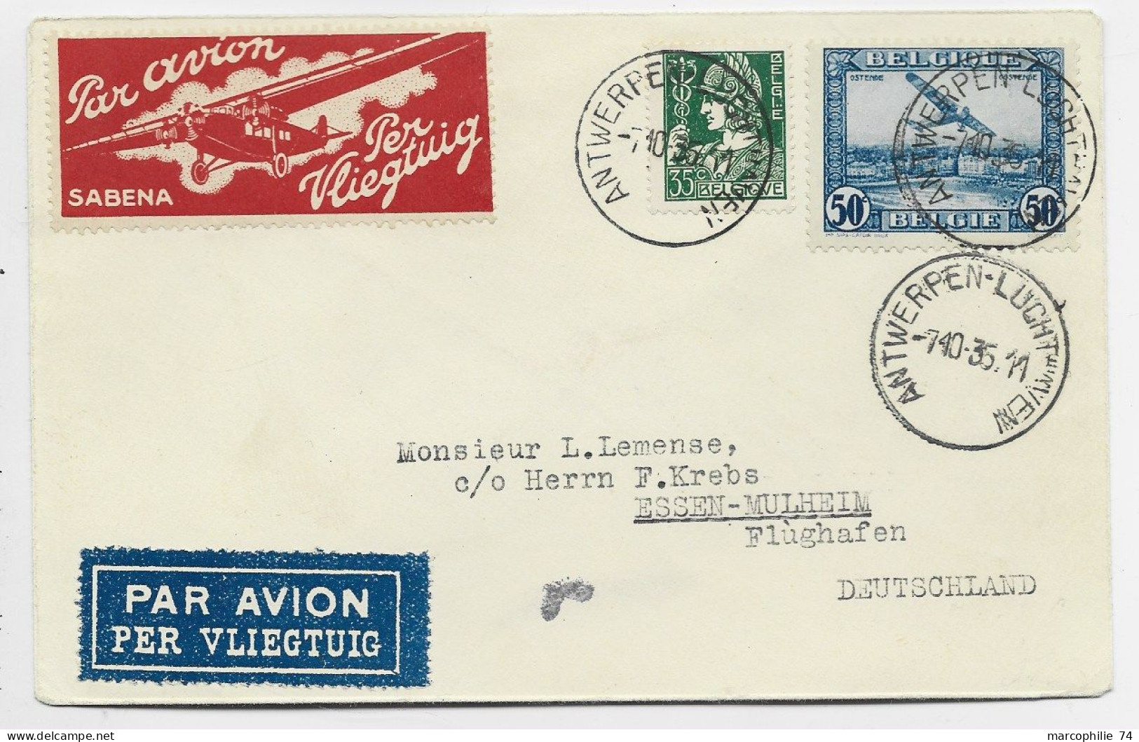 BELGIQUE PA 50C+35C LETTRE COVER PAR AVION PER VLIEGTUIG ANTWERPEN 7.10.1935 TO GERMANY - Storia Postale