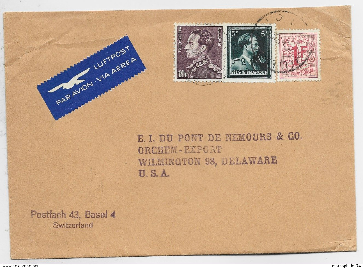 BELGIQUE 10FR+5FR+1FRC LION LETTRE COVER AVION BRUXELLES 1953 TO USA - 1929-1941 Big Montenez