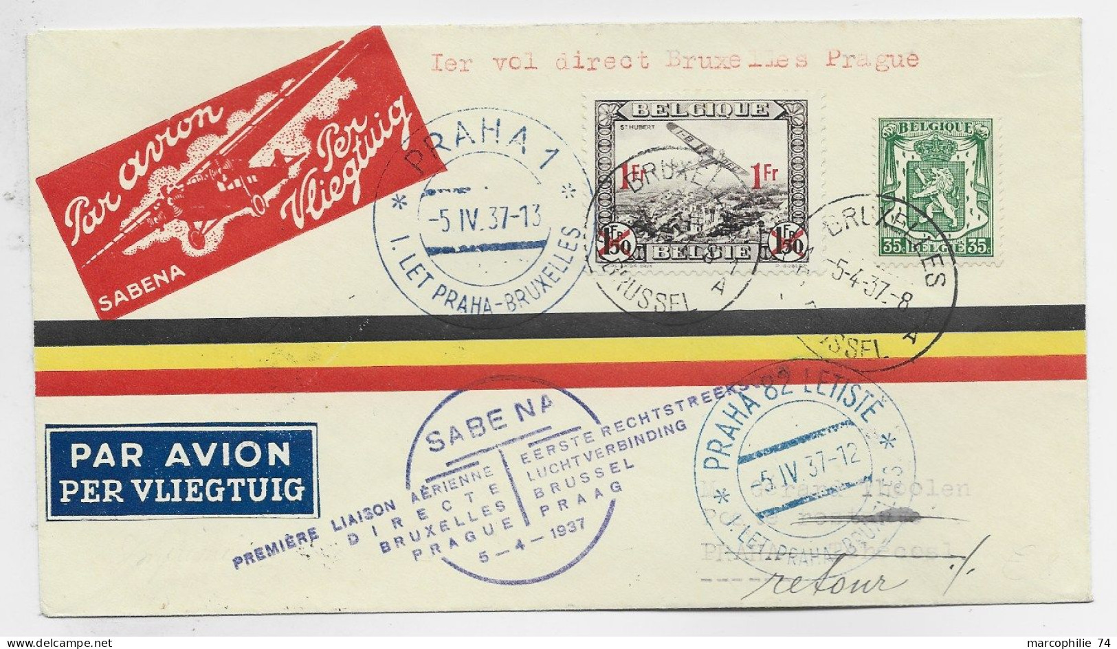 BELGIQUE PA 1FR+35C LETTRE COVER AVION BRUXELLES 5.4.1937 TO PRAHA VIA SABENA - Storia Postale