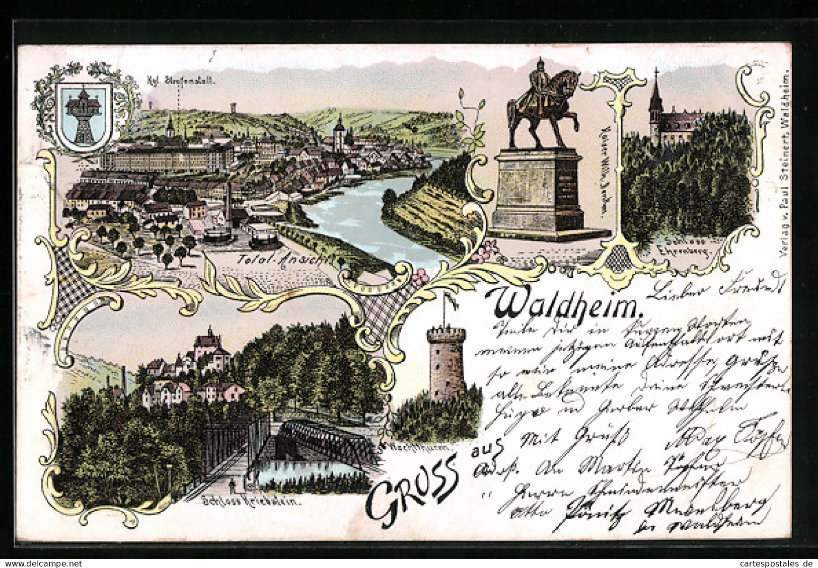 Lithographie Waldheim, Schloss Ehrenberg, Schloss Kriebstein, Kaiser Wilhelm-Denkmal  - Waldheim