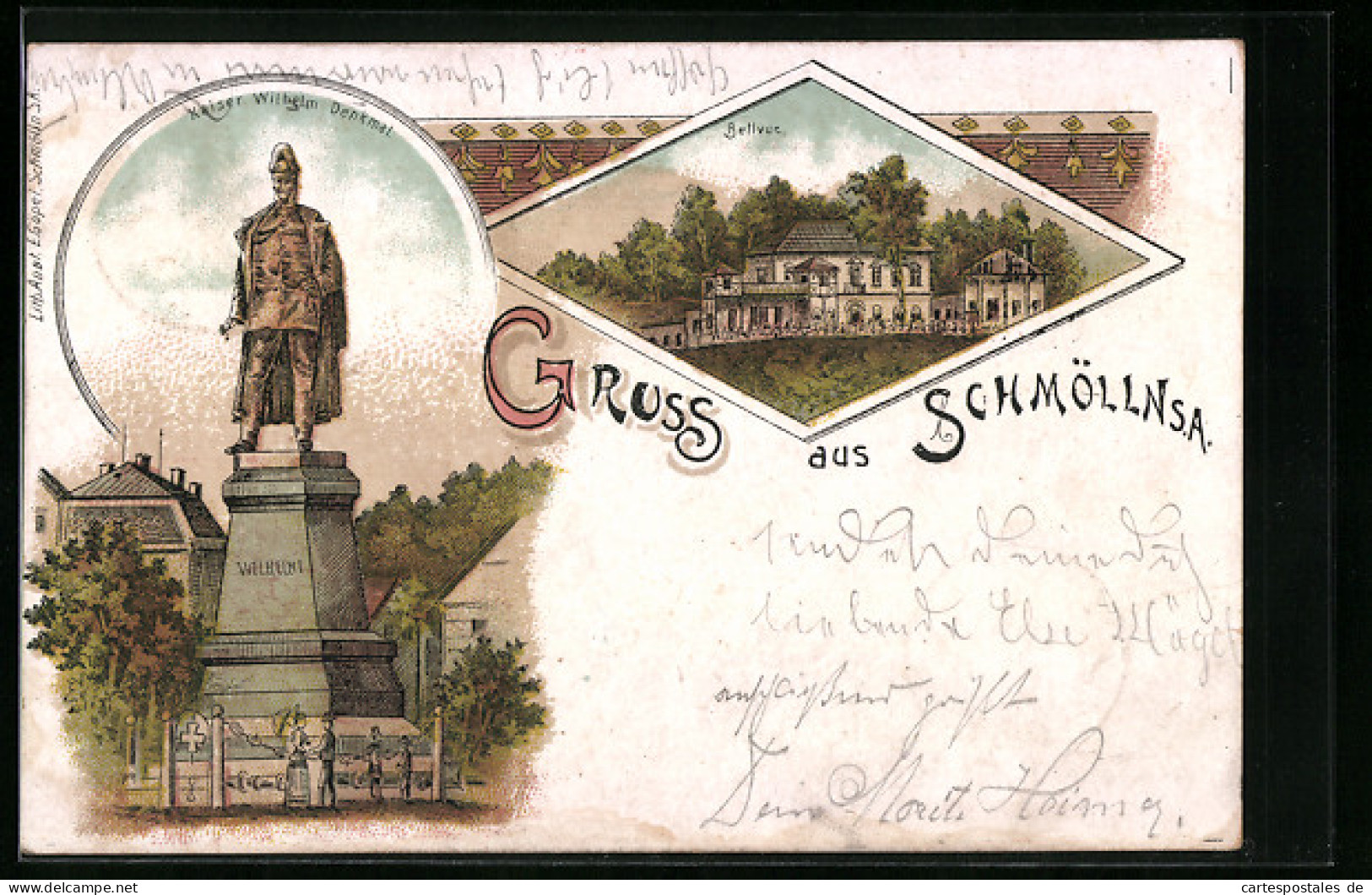 Lithographie Schmölln I. S.-A., Bellevue, Kaiser Wilhelm Denkmal  - Schmoelln