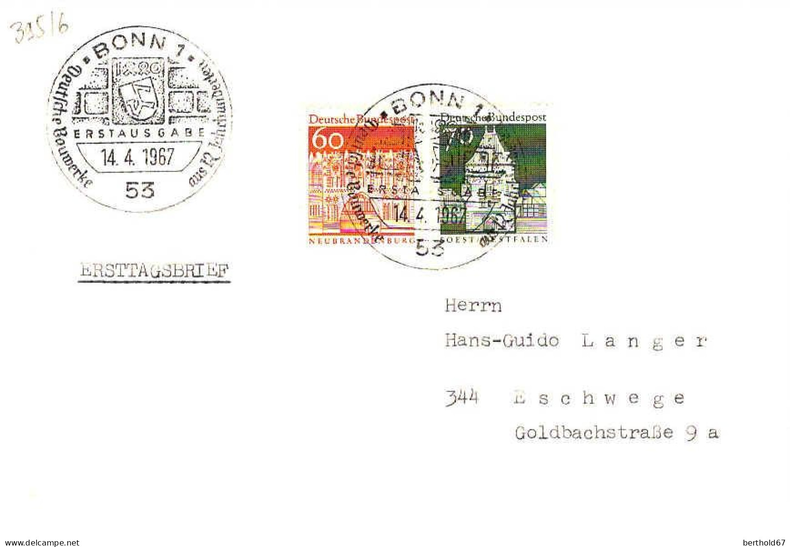 RFA Poste Obl Yv: 395-396 Neubrandenburg (TB Cachet à Date) Fdc Bonn 14-4-67 - 1961-1970