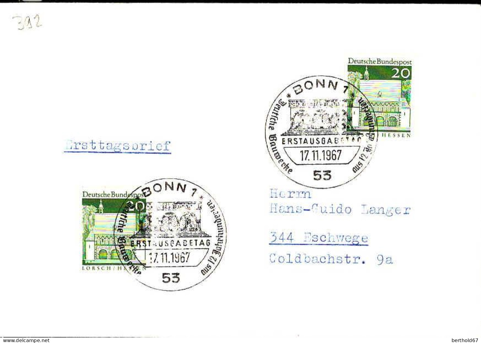 RFA Poste Obl Yv: 392 Mi:491 Lorsch Hessen Torhalle Paire (TB Cachet à Date) Fdc Bonn 17-11-67 - 1961-1970