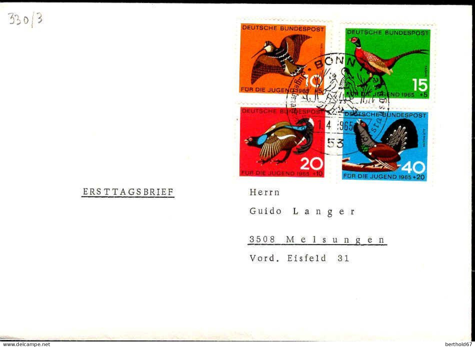 RFA Poste Obl Yv: 330/333 Für Die Jugend Gibier à Plumes (TB Cachet à Date) Fdc Bonn 1-4-65 - 1961-1970