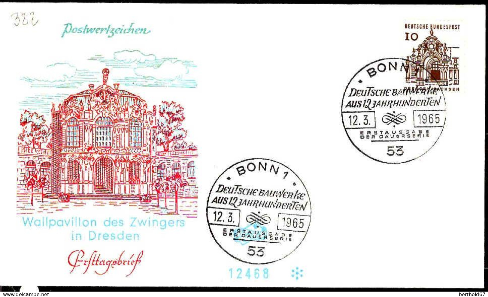 RFA Poste Obl Yv: 322 Mi:454 Pavillon Des Remparts Dresden (TB Cachet à Date) Fdc Bonn 12-3-65 - 1961-1970