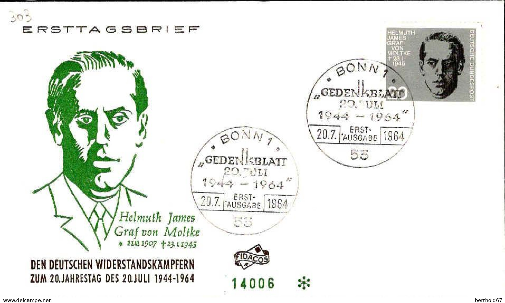 RFA Poste Obl Yv: 303 Mi:437 Helmuth James Graf V.Moltke (TB Cachet à Date) Fdc Bonn 20-7-64 - 1961-1970