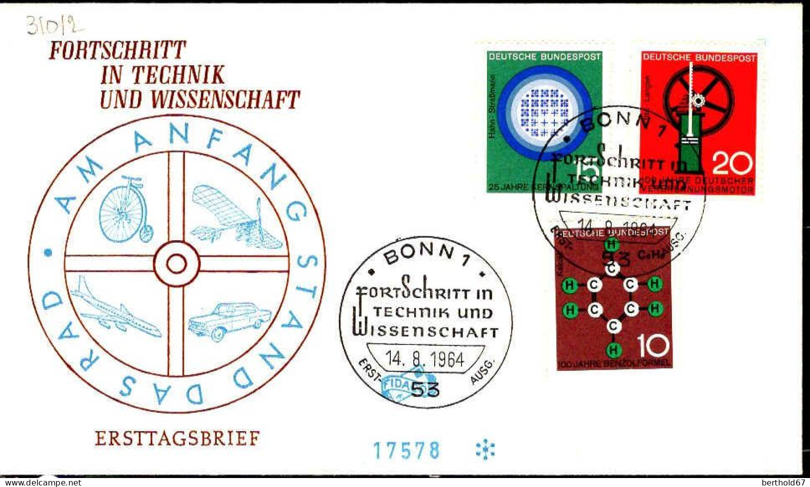 RFA Poste Obl Yv: 310/312 Sciences & Techniques (TB Cachet à Date) Fdc Bonn 14-8-64 - 1961-1970