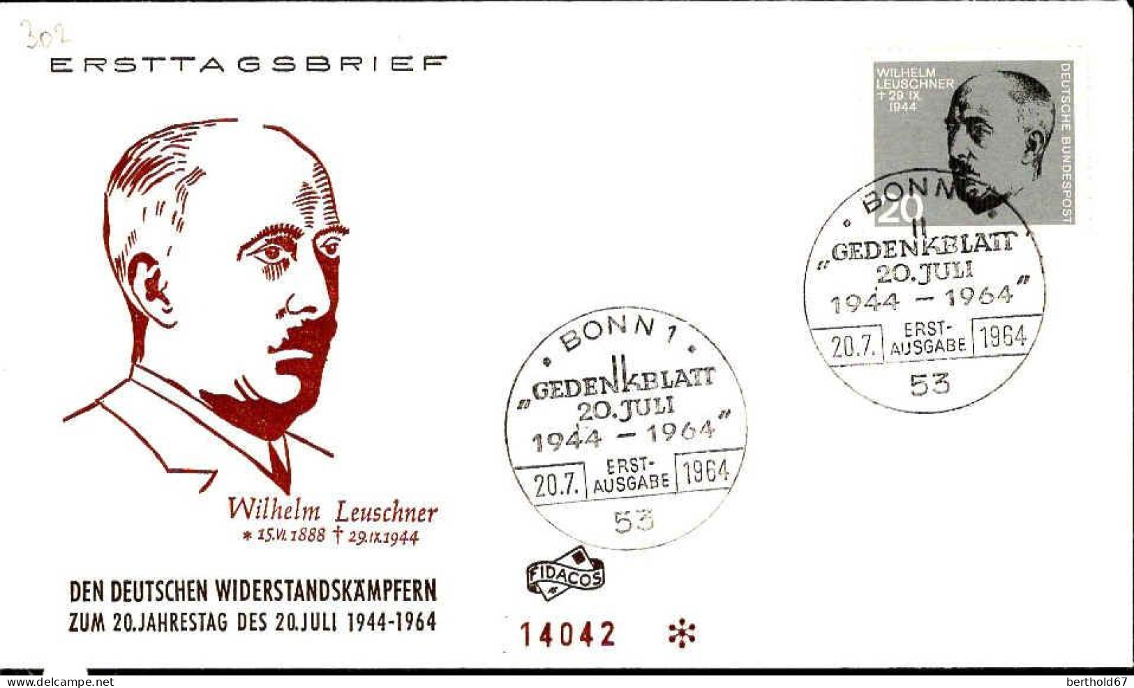 RFA Poste Obl Yv: 302 Mi:436 Wilhelm Leuschner (TB Cachet à Date) Fdc Bonn 20-7-64 - 1961-1970