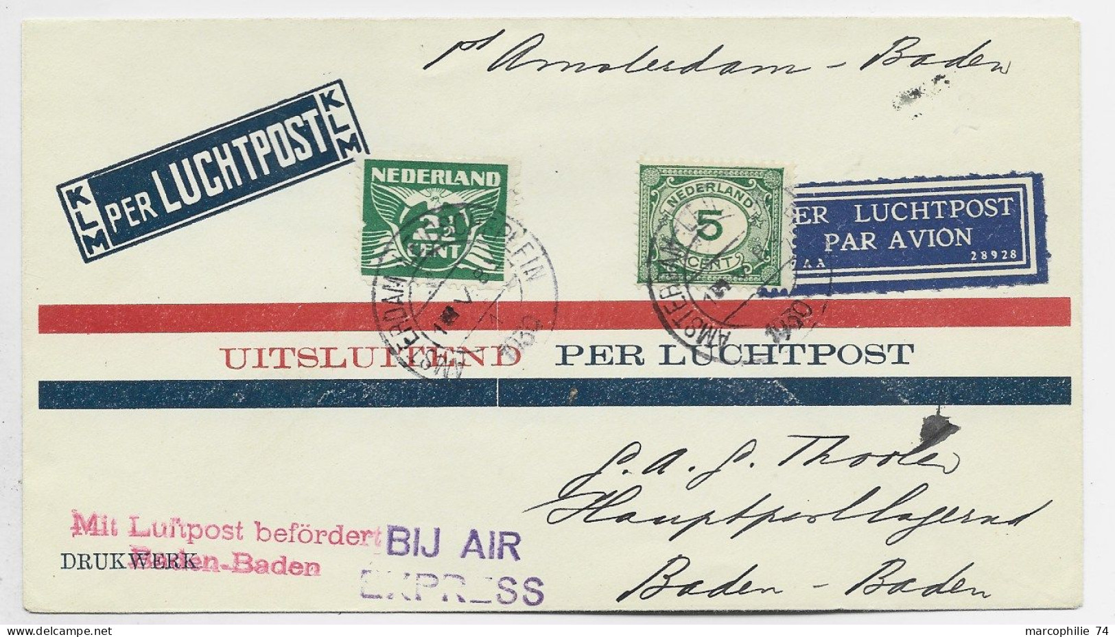 NEDERLAND 5C+2 1/2C LETTRE COVER AVION LUCHTPOST AMSTERDAM 1939 EXPRESS BIJ AIR TO BADEN BADEN - Posta Aerea