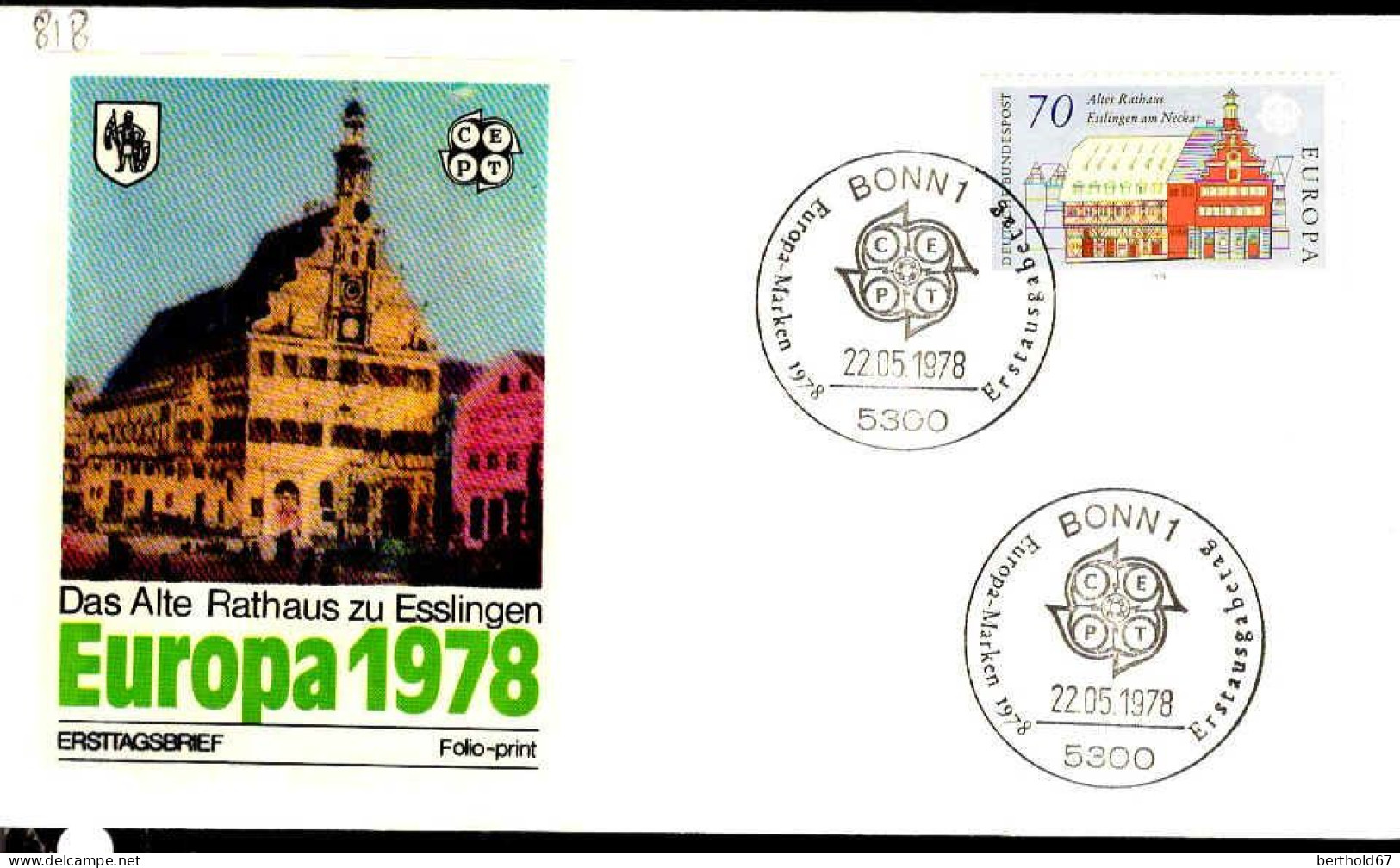 RFA Poste Obl Yv: 818 Mi:971 Europa Cept Altes Rathaus Esslingen Am Neckar (TB Cachet à Date) Fdc Bonn 22-5-78 - 1971-1980