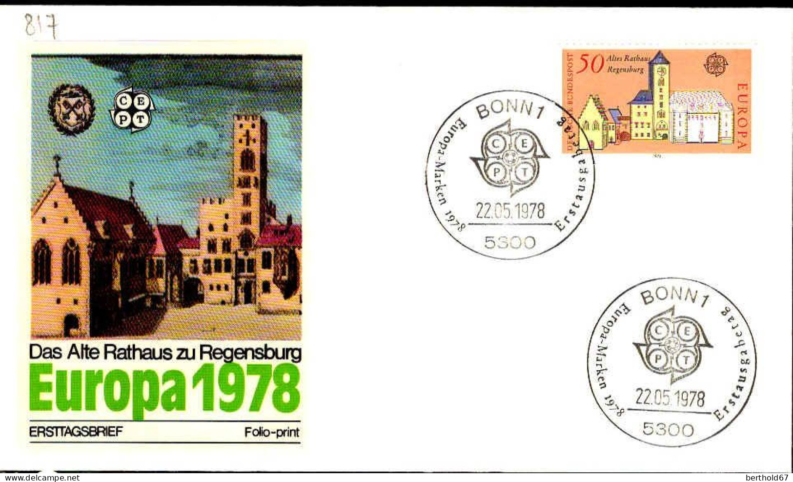 RFA Poste Obl Yv: 817 Mi:970 Europa Cept Altes Rathaus Regensburg (TB Cachet à Date) Fdc Bonn 22-5-78 - 1971-1980