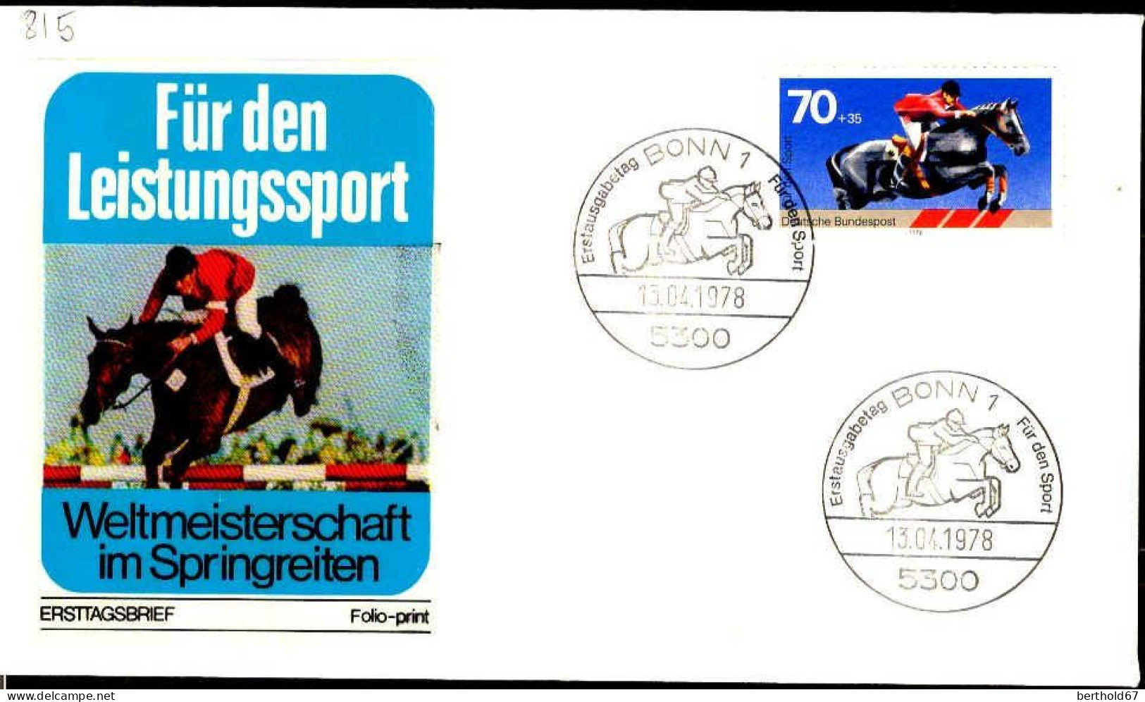 RFA Poste Obl Yv: 815 Mi:968 Für Den Sport Equitation (TB Cachet à Date) Fdc Bonn 13-4-78 - 1971-1980