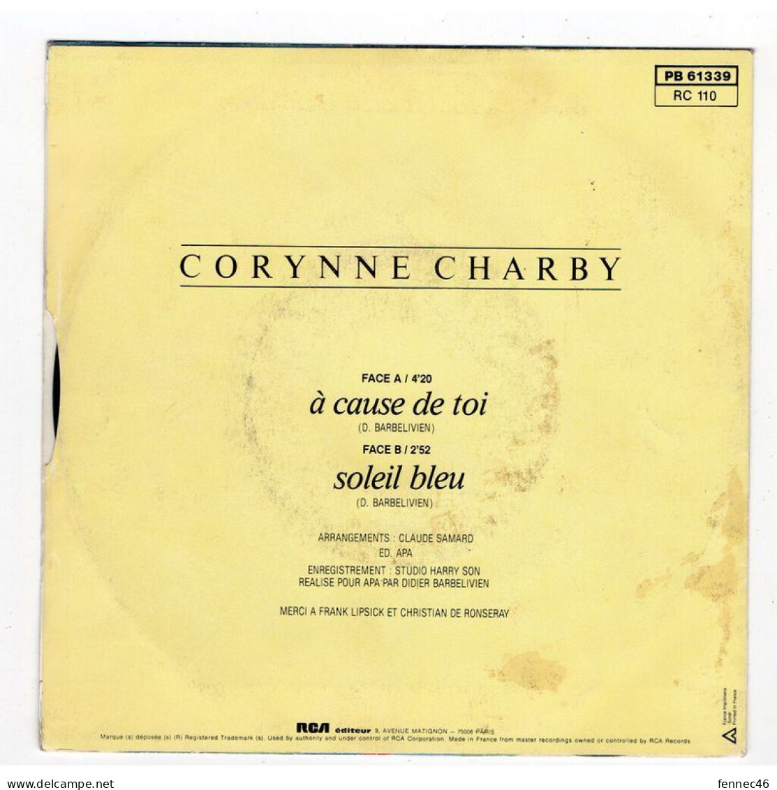 * Vinyle  45T -  Corynne Charby - A Cause De Toi - Soleil Bleu - Altri - Francese