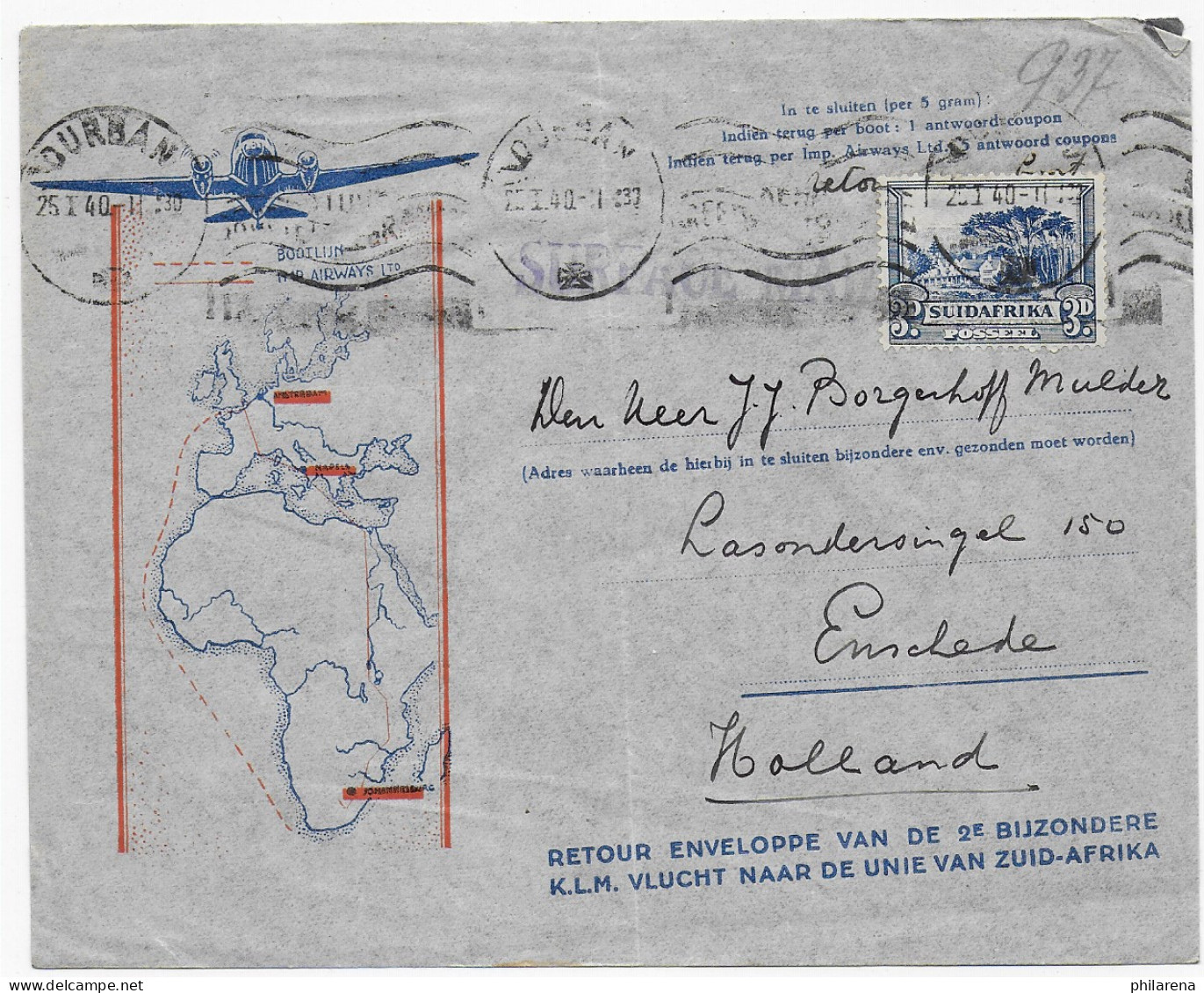 Brief Aus Dourban, Surface Mail Nach Enschede/NL, 1940 - Otros & Sin Clasificación