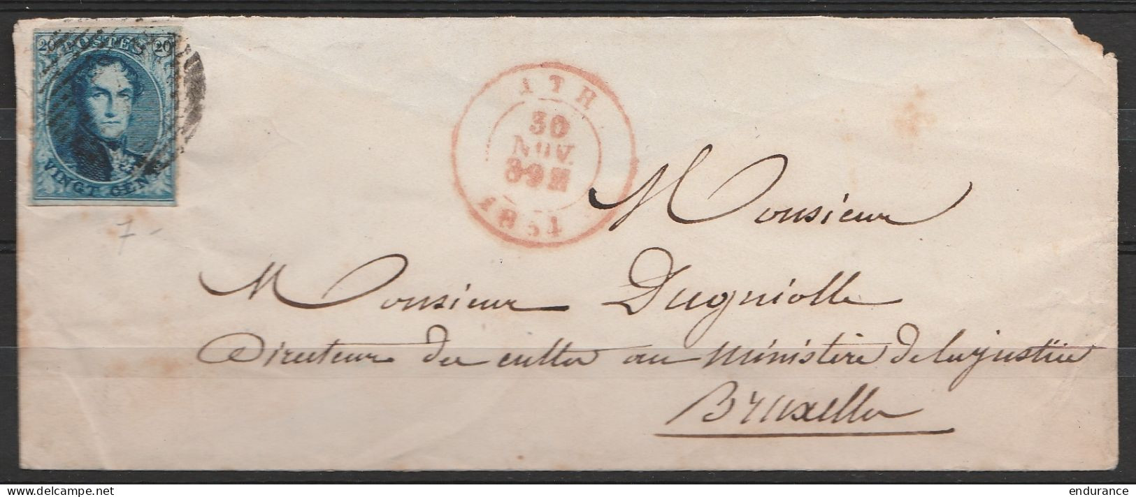 LSC Affr.N°7 Càd ATH/30 NOV 1854 Pour BRUXELLES (au Dos: Càd BRUXELLES) - 1851-1857 Medaglioni (6/8)