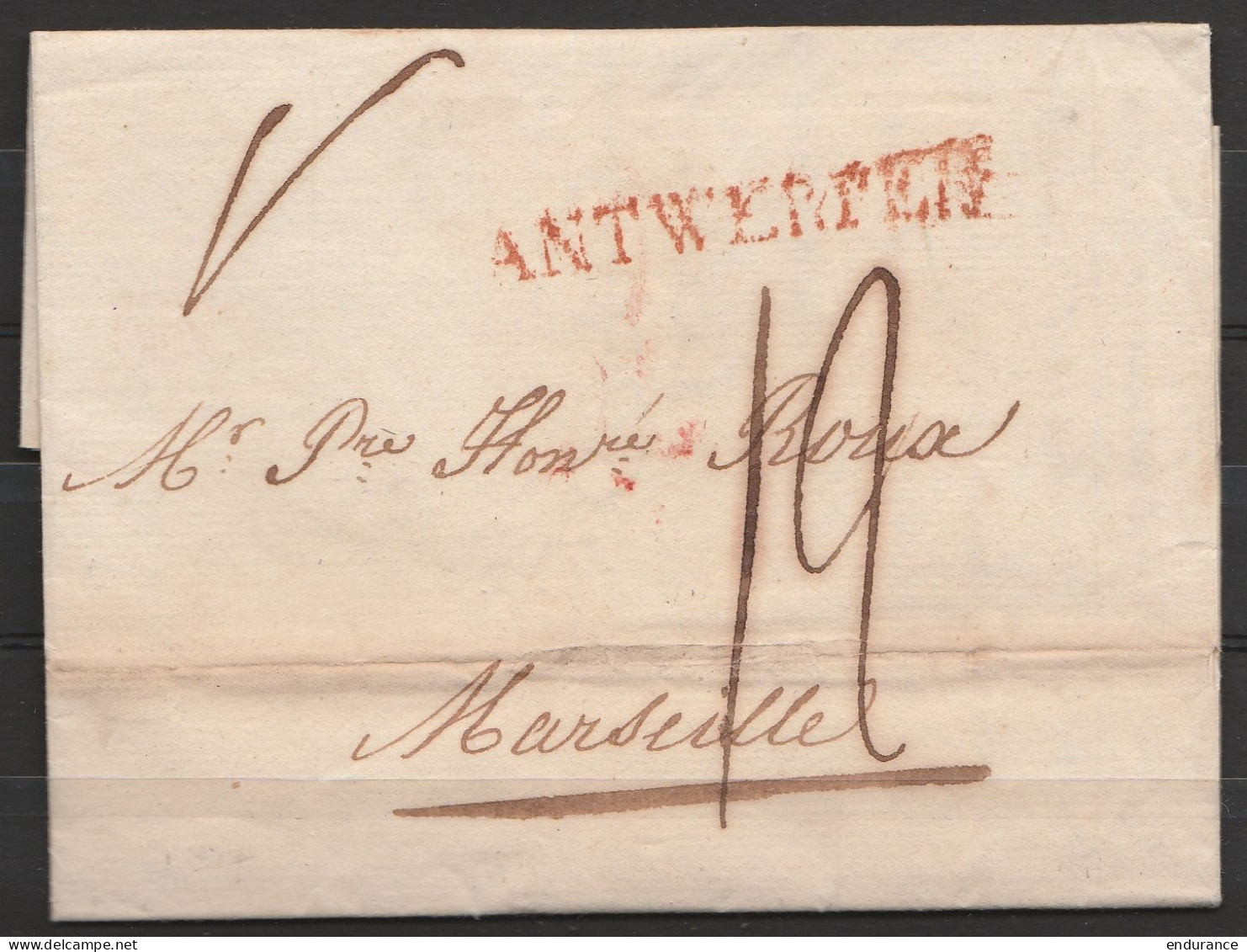 L. Datée 1817 D'ANVERS Pour MARSEILLE - Griffe Rouge "ANTWERPEN" - Port "12" - 1815-1830 (Periodo Holandes)