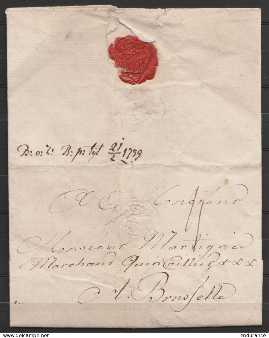 L. Datée 1759 De BERGEN-OP-ZOOM Pour Marchand à BRUXELLES - Sceau - Port II - 1714-1794 (Pays-Bas Autrichiens)