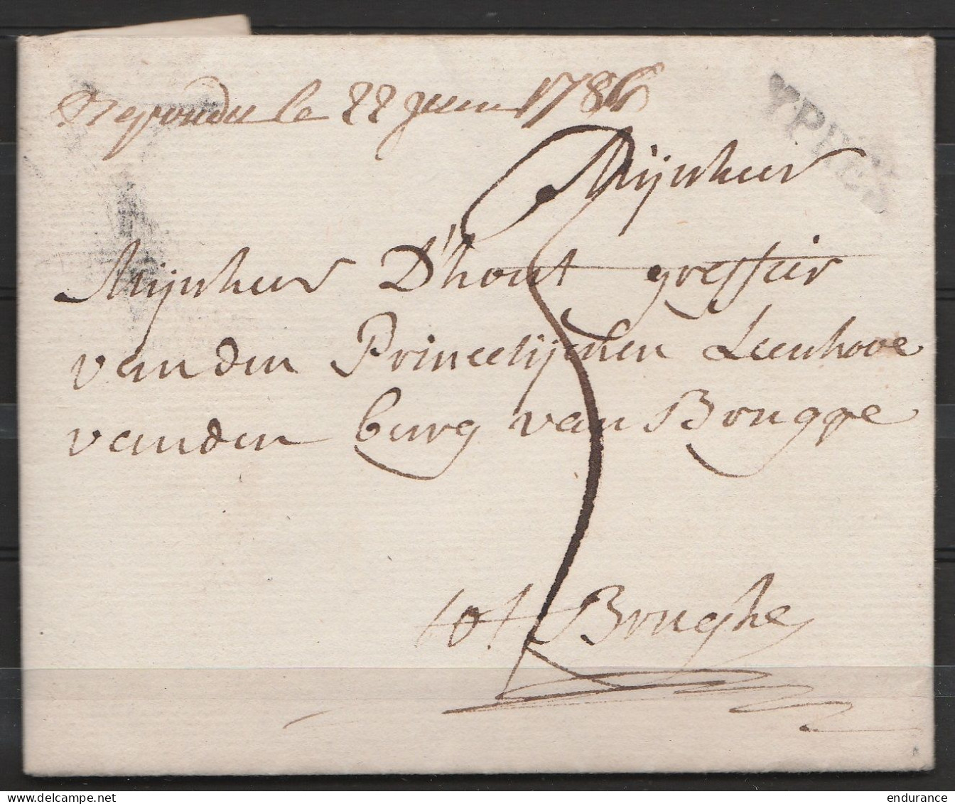 L. Datée 1786 De IPRES Pour BRUGHE (Brugge) - Griffe "YPRES" - Port "3" - 1714-1794 (Paises Bajos Austriacos)