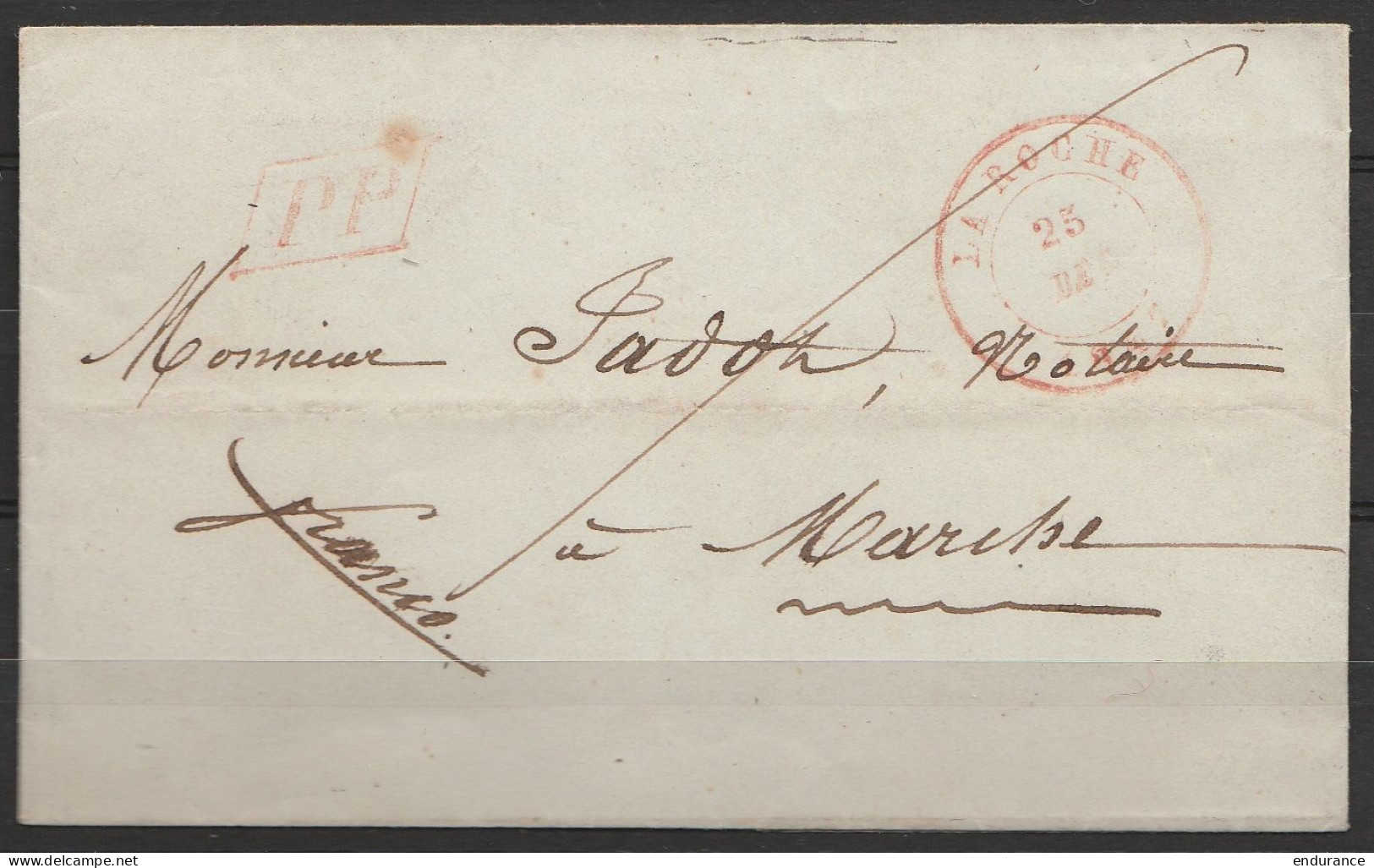 LSC Càd LA ROCHE/25 DEC 1842" Pour MARCHE - [P.P.] - Man. "franco" (au Dos: Càd MARCHE/26 DEC 1847" - 1830-1849 (Belgique Indépendante)