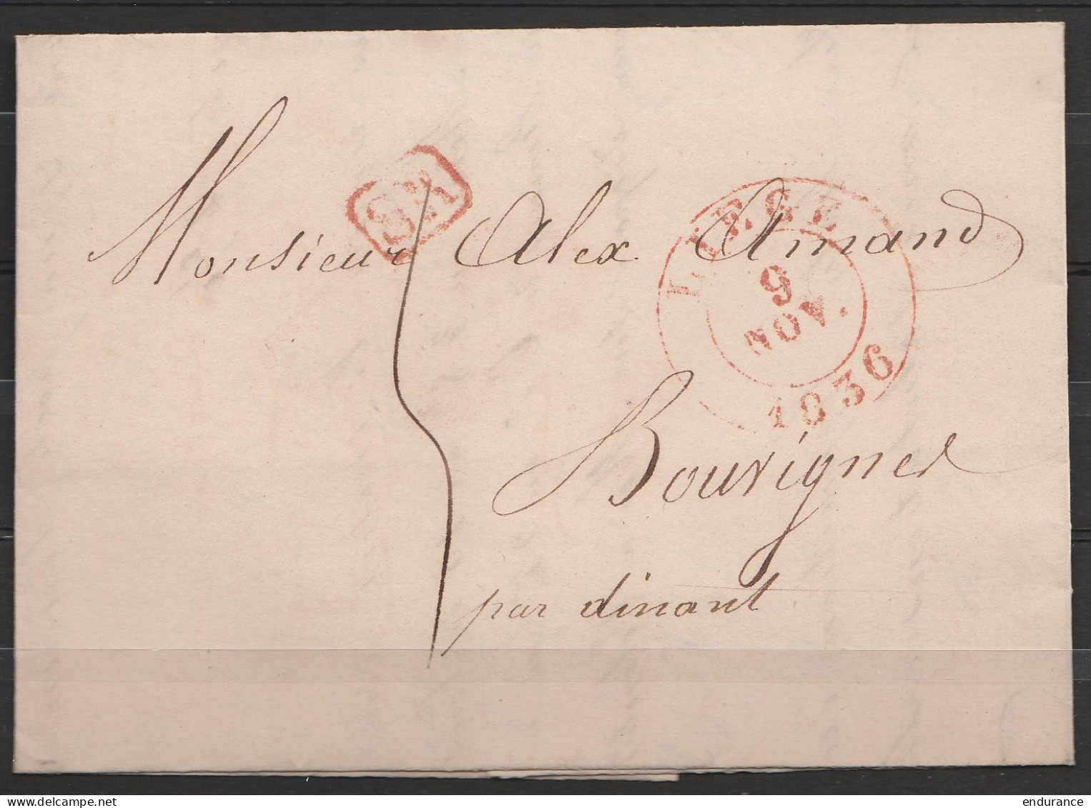 L. Datée 1836 De LIEGE Pour BOUVIGNES Par Dinant - Càd "LIEGE/9 NOV 1836" + [SR] (Service Rural Rare En 1836 !) - Port 3 - 1830-1849 (Belgique Indépendante)