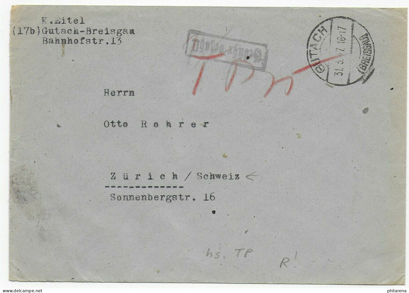 Gebühr Bezahlt Gutach, 1947 Nach Zürich - Lettres & Documents