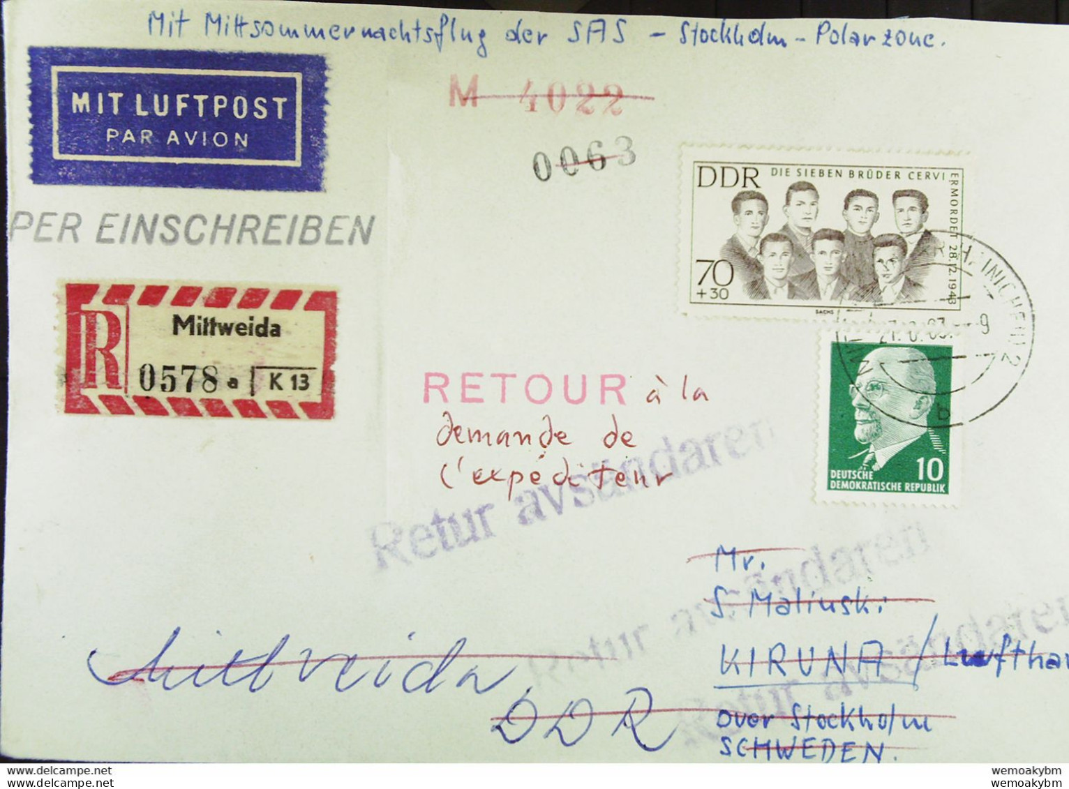 DDR: Luftpost-R-Brief "Mittsommernachtsflug Der SAS" BERLIN-STOCKHOLM/KIRUNA 27.6.1963 Mit 70 Pf 7 Brüder  Knr: 922, Ua. - Máquinas Franqueo (EMA)