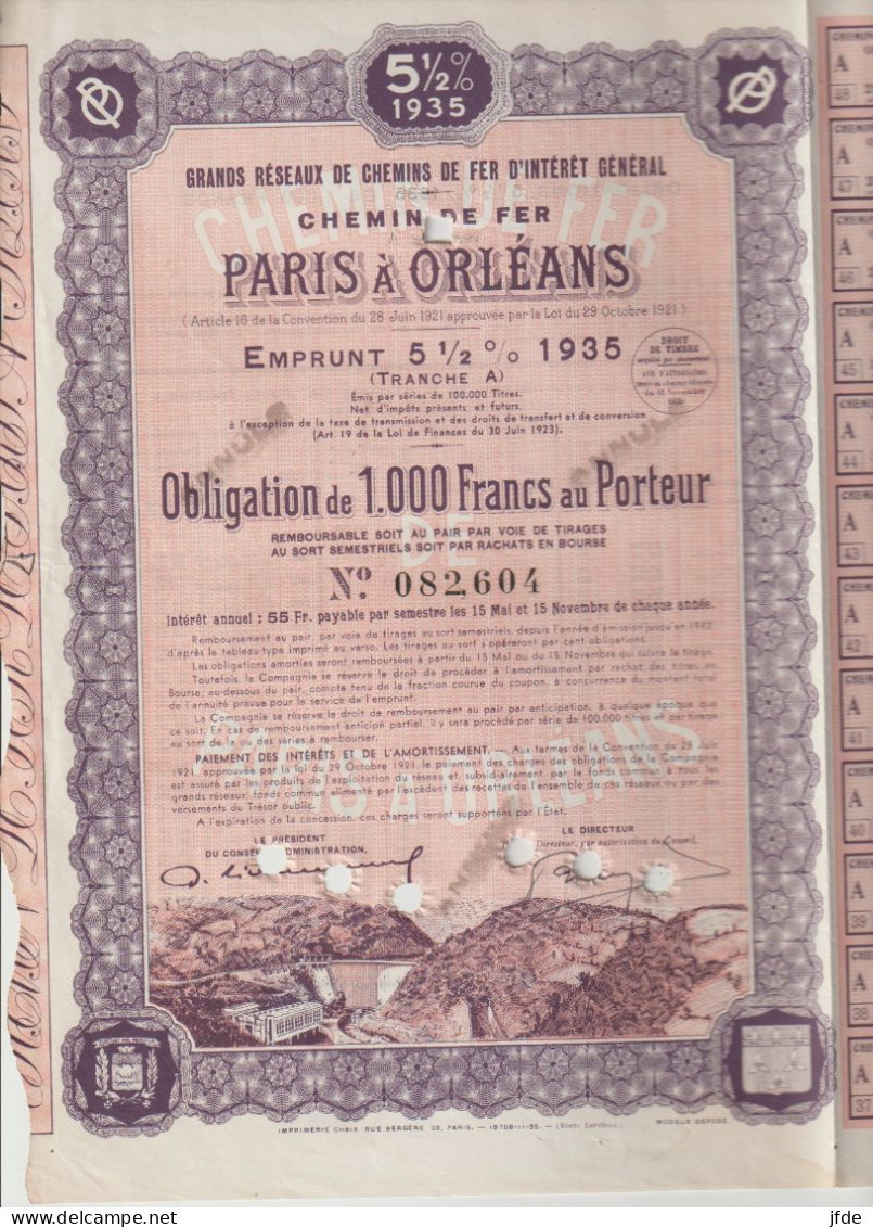 Décoré CHEMINS De FER PARIS ORLEANS 1000F1935 - Chemin De Fer & Tramway