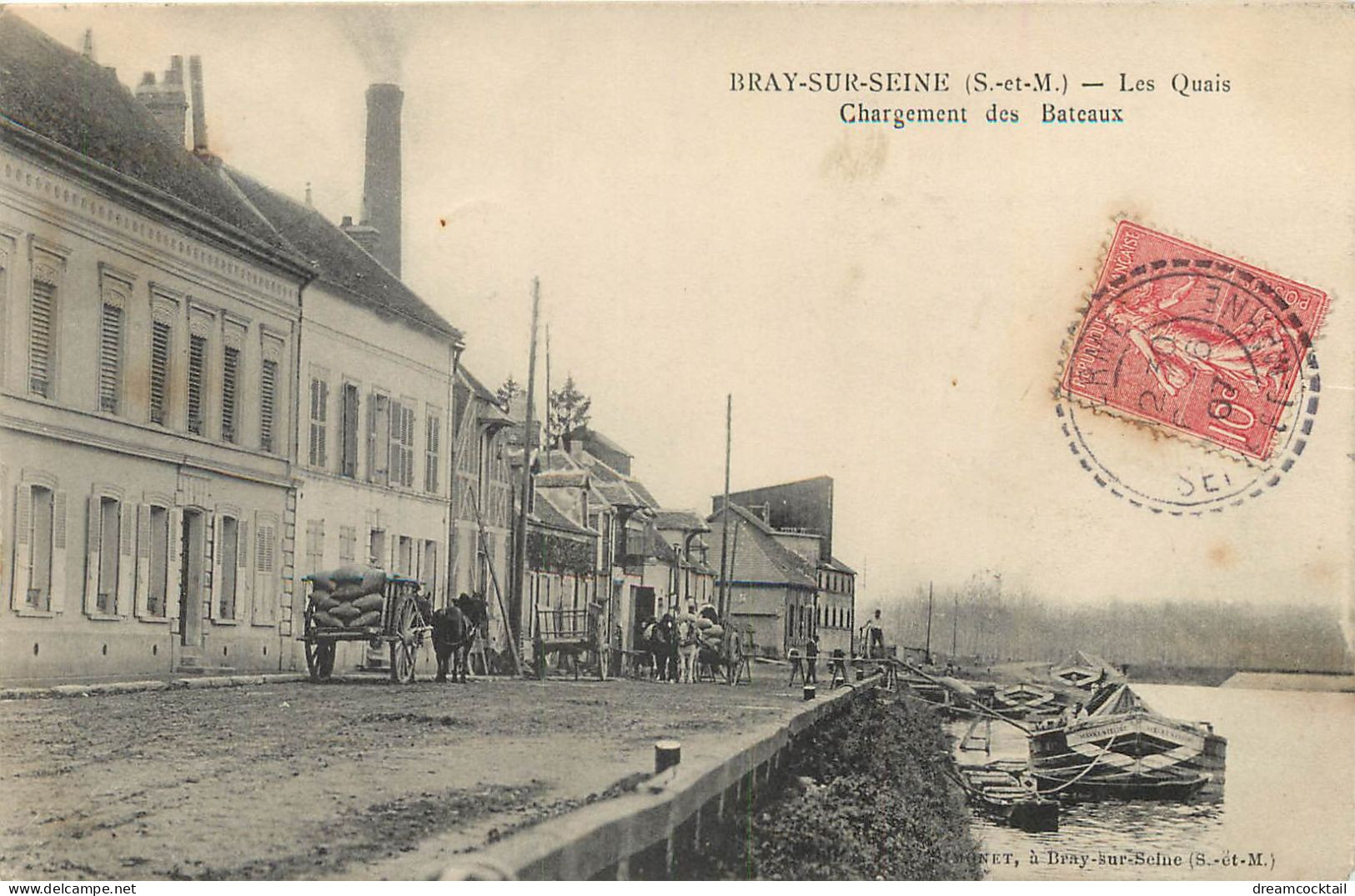 77 BRAY-SUR-SEINE. Les Quais, Chargement Des Bateaux Et Péniches 1907 - Bray Sur Seine