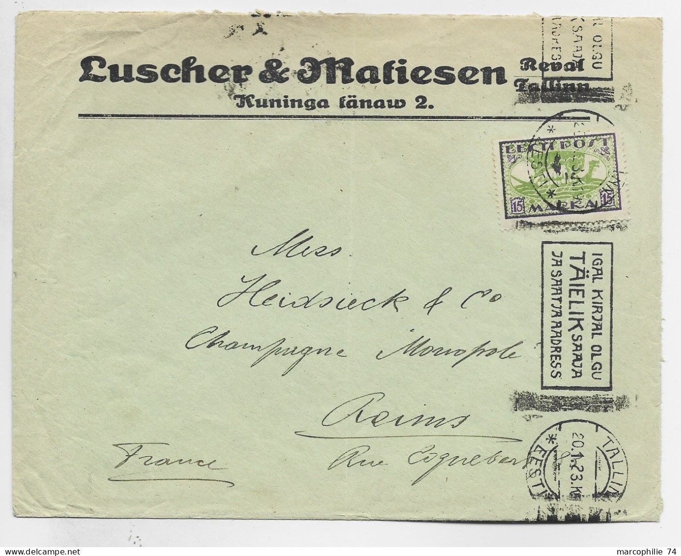 ESTONIA ESTONIE EESTI 15M SOLO LETTRE COVER MECANIQUE TALLIN 20.1.1923 TO  CHAMPAGNE REIMS FRANCE - Estonia