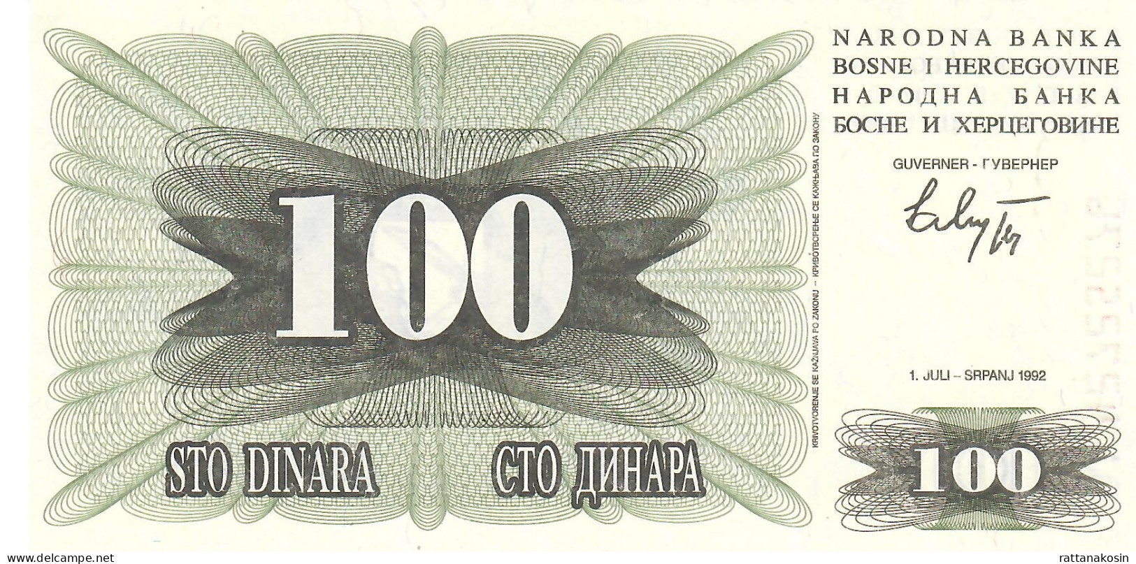 BOSNIA HERZEGOVINA  P13 100  DINARA  1992  #BJ     UNC. - Bosnia And Herzegovina