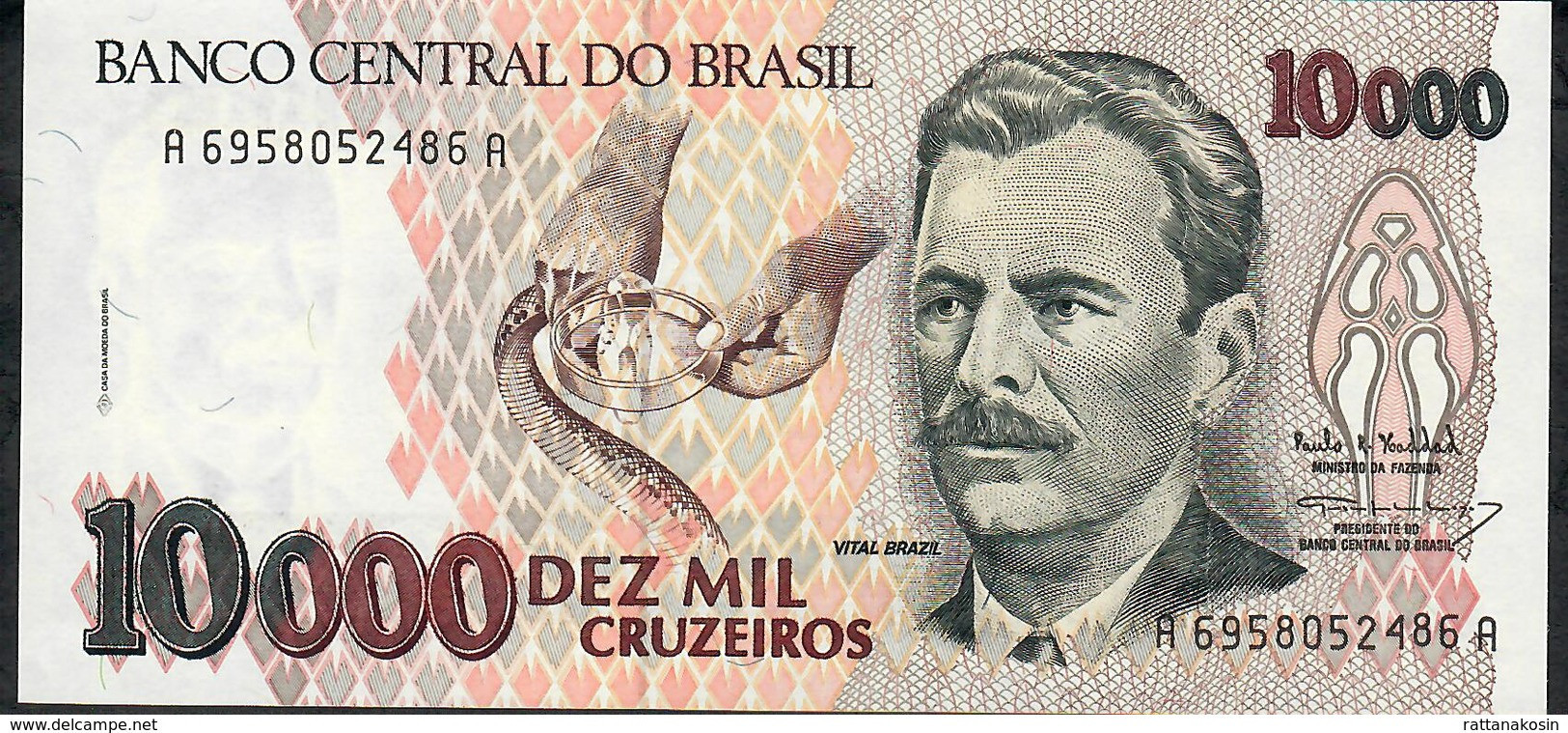 BRAZIL P233c 10000 Or 10.000 CRUZEIROS 1993  #A6958 Signature 17 UNC. - Brasil